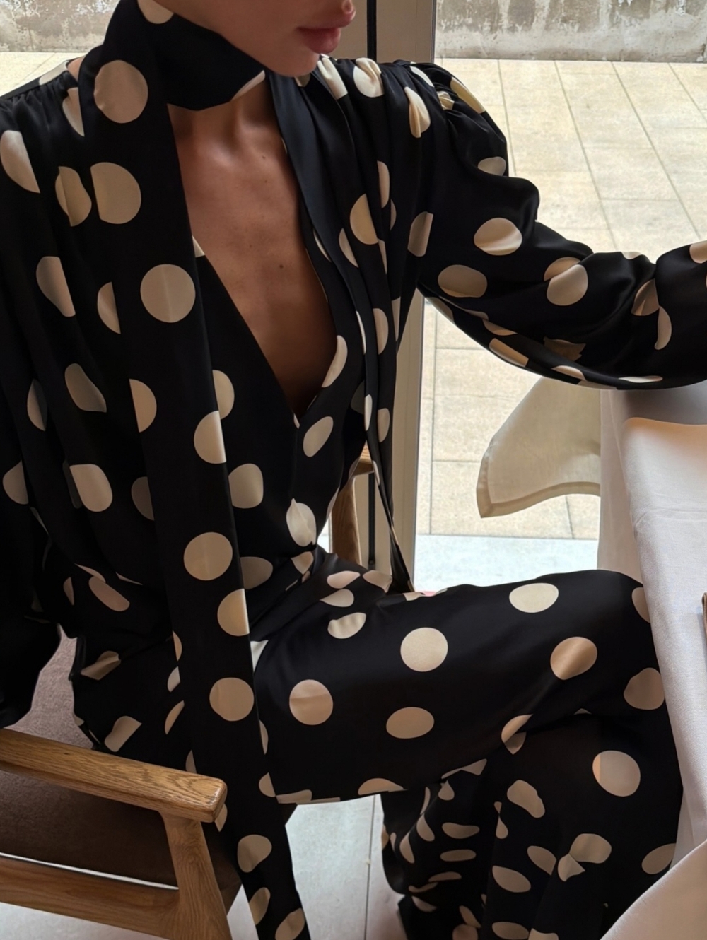 Polka Dot Dress Print Hanging Neck V-neck Bubble Sleeve Cinched Waist Fish Tai - Picture 5 of 12